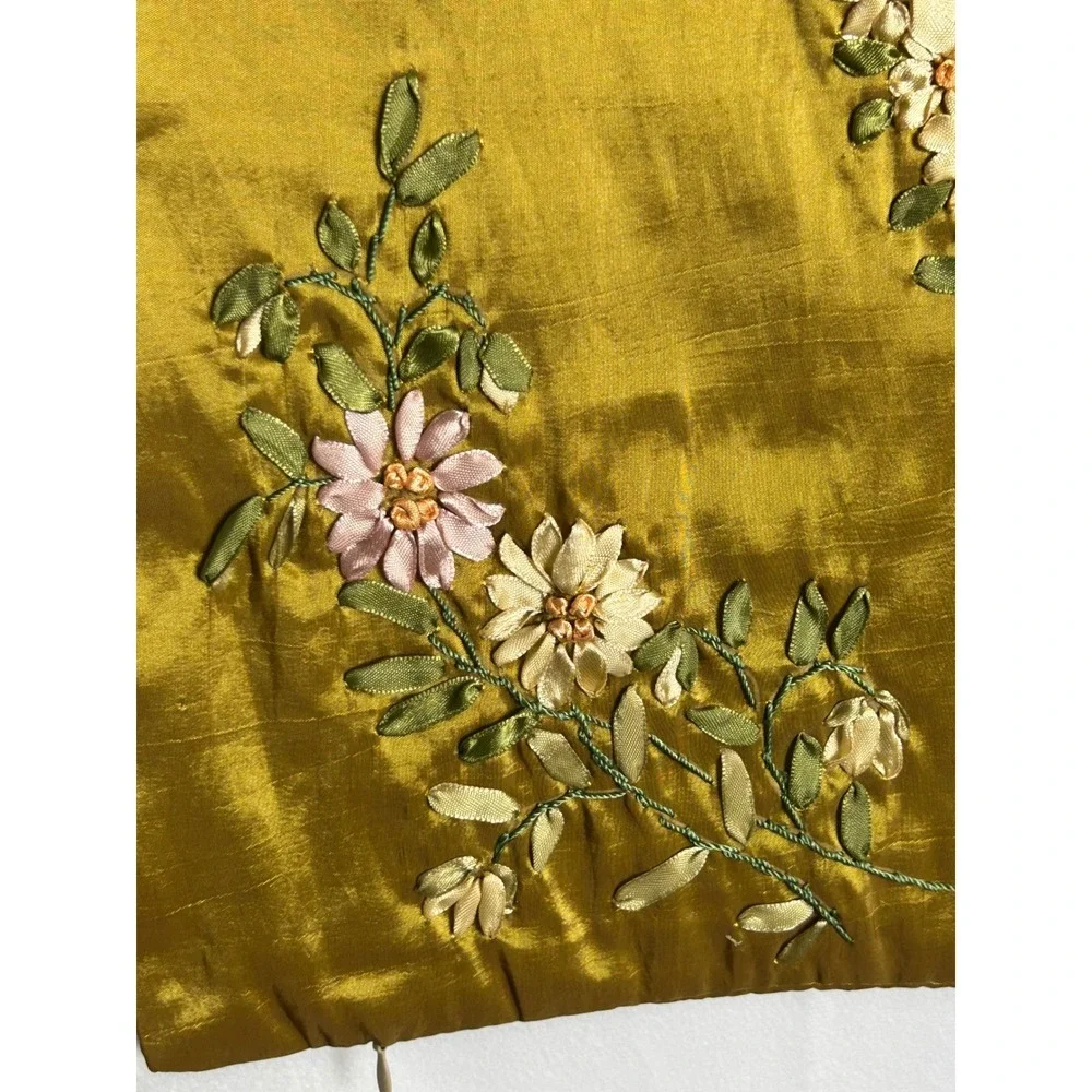 Huayu Set of 2 Gold Ribbon Embroidery Floral Pillow Covers 17.5x17.5 LH04-555